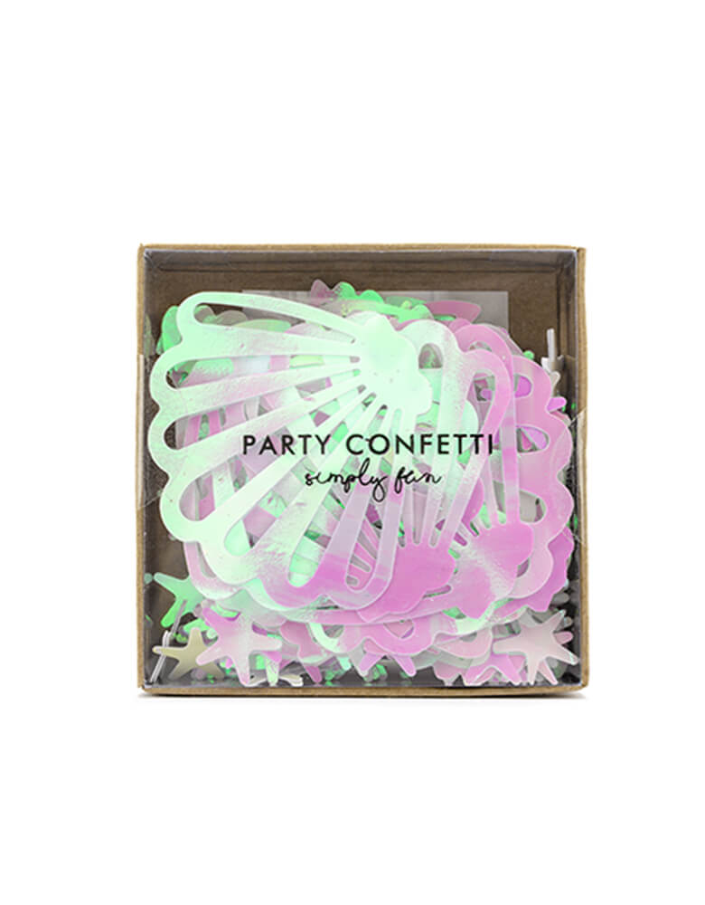 Party Deco Mermaid Narwhal Iridescent Confetti. Each set includes confetti of seashell & starfish designs and double-sided adhesive tape. t's perfect for your mermaid, narwhal or under the sea themed celebration
