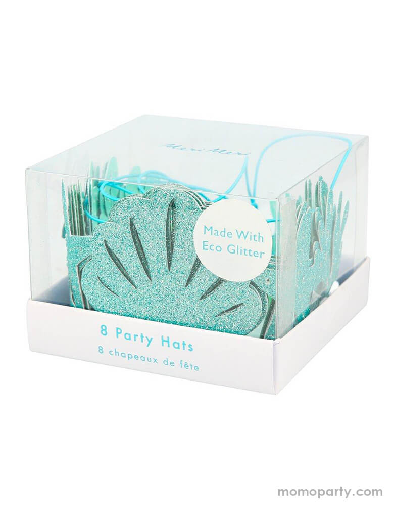 Meri Meri Aqua Blue Glittered Mermaid Party Crowns in a clear package, set of 8