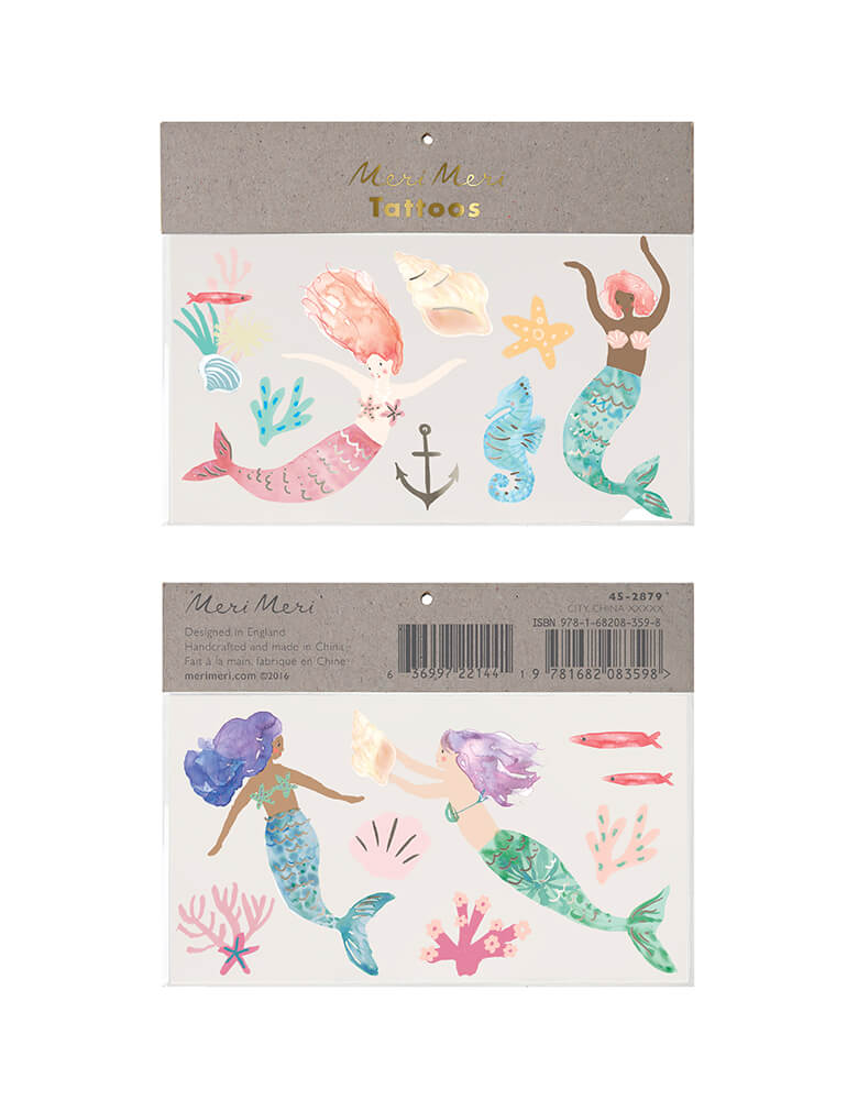 Meri Meri Mermaid Large Temporary Tattoos, featuring with temporary tattoos design of mermaids, a starfish, a seahorse, sea plants and corals, shells, a fish and an anchor, printed with white ink and shiny silver foil detail. these kids friendly temporary tattoos are perfect as a party activity or to pop into party bags. They are ideal for mermaid or under-the-sea parties.