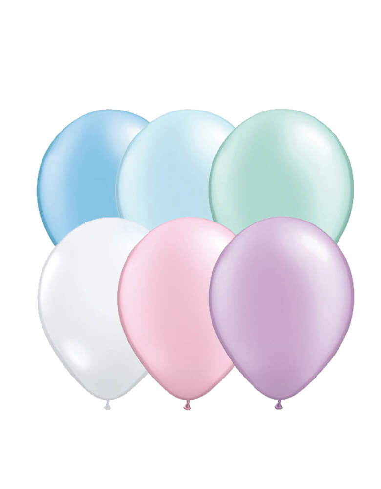 Qualatex 11" Latex Balloon Mix with Pearl mint balloons, Pearl pink, pearl blue, Pearl Purple, pearl azure and Diamond clear balloons. Designed specifically for Momo Party Mermaid collection. modern color for a Mermaid or under the sea themed party