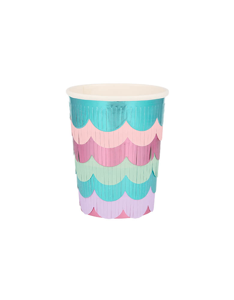 Meri Meri Mermaid Scalloped Fringe Cups.  These cups designed to look like a mermaid's glittering tail, featuring 6 strips of scalloped foil fringe layered to create a sensational effect. They are crafted with a solid pink base with 6 strips of scalloped foil fringe layered on top. The layers are in delightful blues and pinks. They are simply perfect for a mermaid or under-the-sea party.