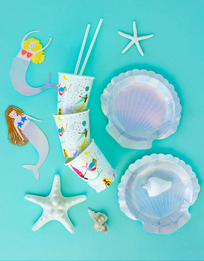 Meri Meri Small Shell holographic Plates with Mermaid Cups