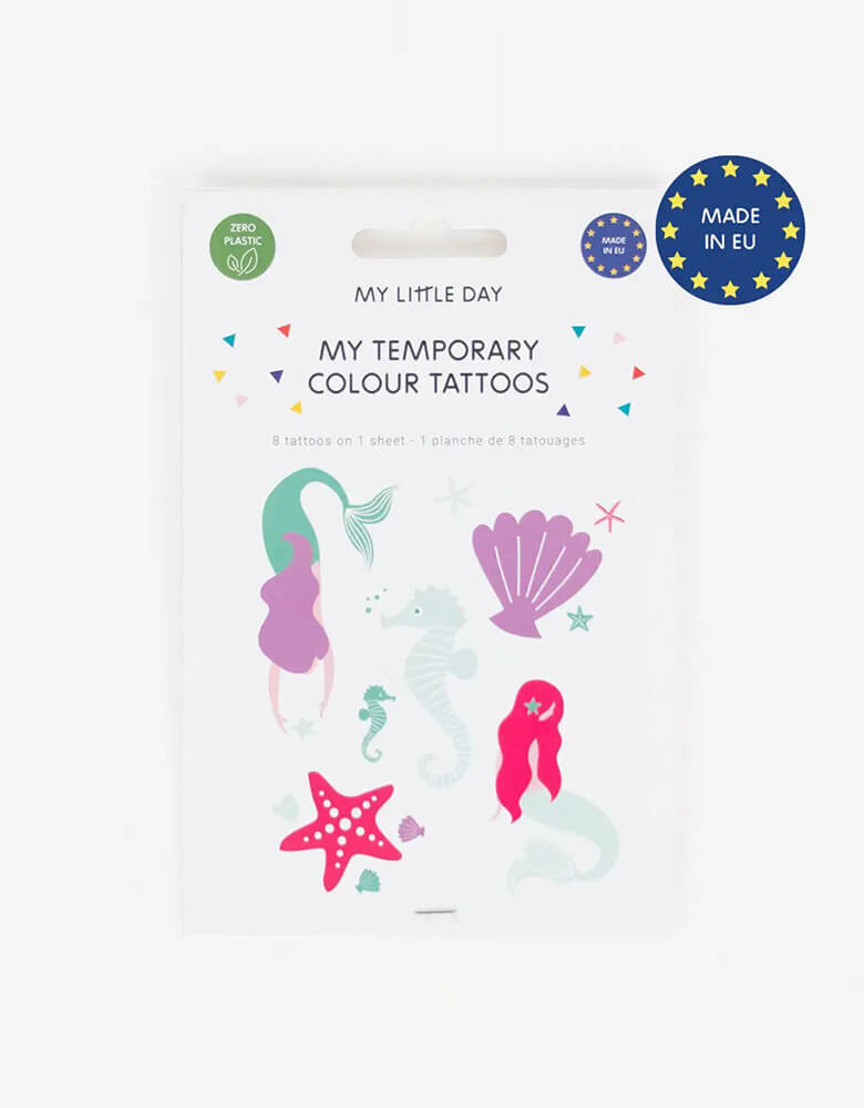 Momo Party's Mermaid Temporary Tattoo set of 12, by My Little Day,  featuring a mermaids, seashells, sea stars, sea horses is great for kid's under the sea of mermaid themed birthdays. They also make a great goodie bag filler. 