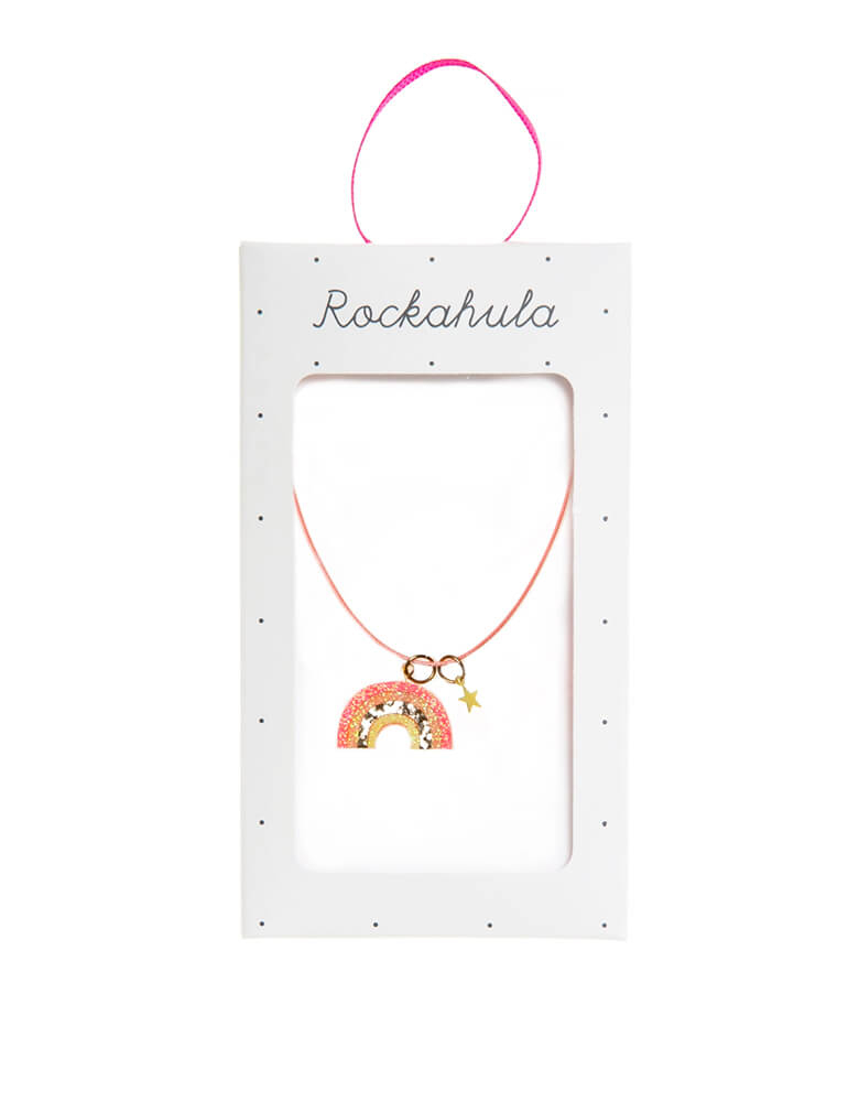 Miami Rainbow Necklace by Rockahula Kids. Brighten up your day with this fun necklace! Featuring our cheerful rainbow created from the brightest colour palette with a hint of sparkling gold. Set onto a coral cord necklace with a lobster clasp fastening and extender chain to ensure the perfect fit.