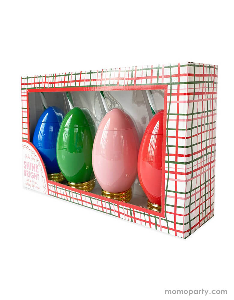 Side view package of Packed Party - Minglin' Mini Holiday Light Cup Set. This set comes with 4 colors: blue, green, pink and red. Each cup includes a green/white straw & a gold holographic base. This set of Holiday light cups makes a perfect gift this season, it will delight the christmas dinner 