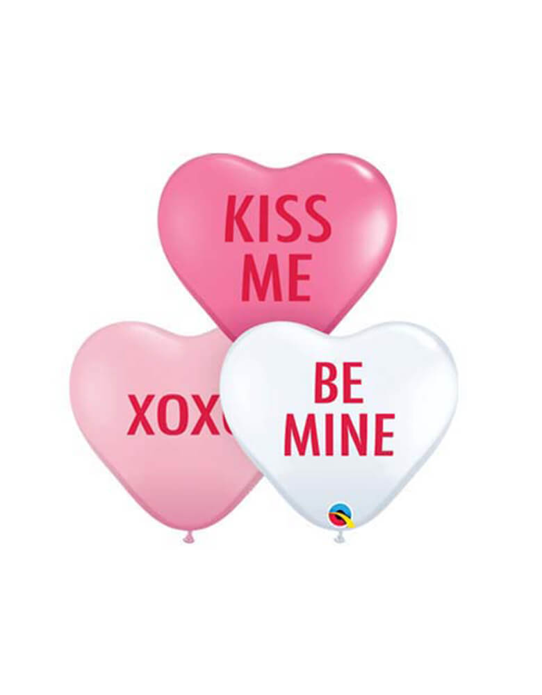 Qualatex Mini Conversation Heart Shaped Latex Balloon Mix in pink, rose and white with messages of kiss me, xoxo, and be mine