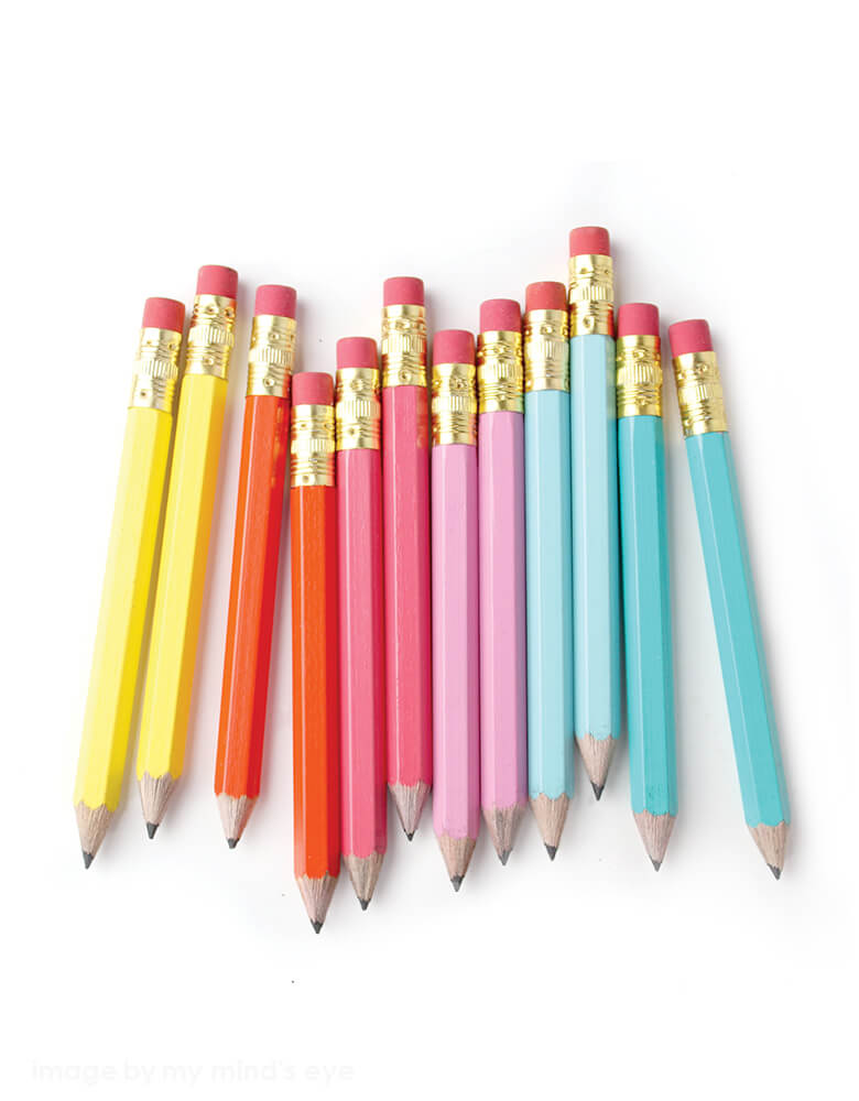inklings Paperie, Rainbow Mini Pencils with Mini Gold Heart. Set of 12,This set of 12 sweet mini pencils comes foil-imprinted with a tiny gold heart. With a gold ferrule and classic pink eraser, pencils come pre-sharpened and are perfect for party games,  favors, back to school supplies. These are also great for fine motor skills.