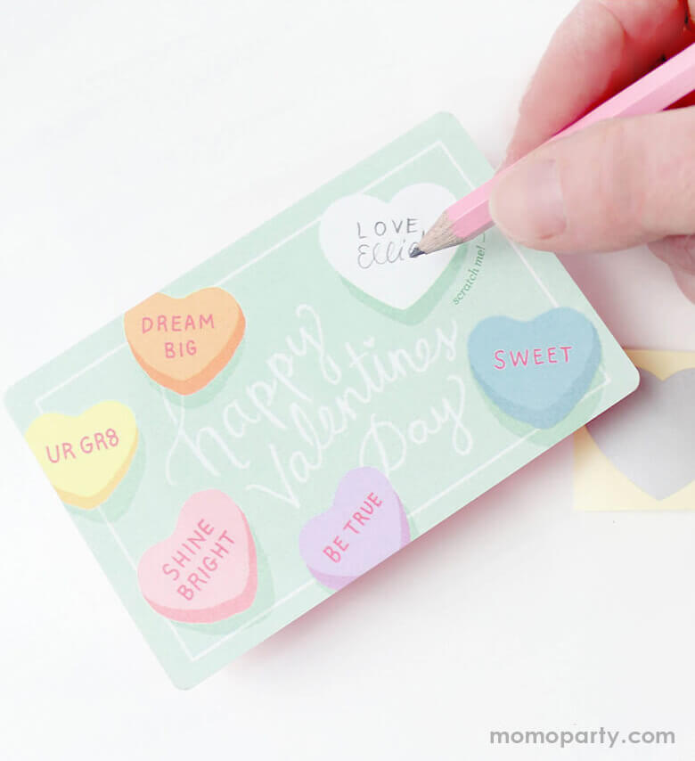 write a special secret sweet note with Inklings Paperie Mini-Gold-Heart-Pink-Mini-Pencils on the Sweetheart Valentines Scratch-off card, then cover it with the scratch-off sticker provided, and scratch to reveal your valentine. This scratch off card is perfect for valentine's gift to someone you love.