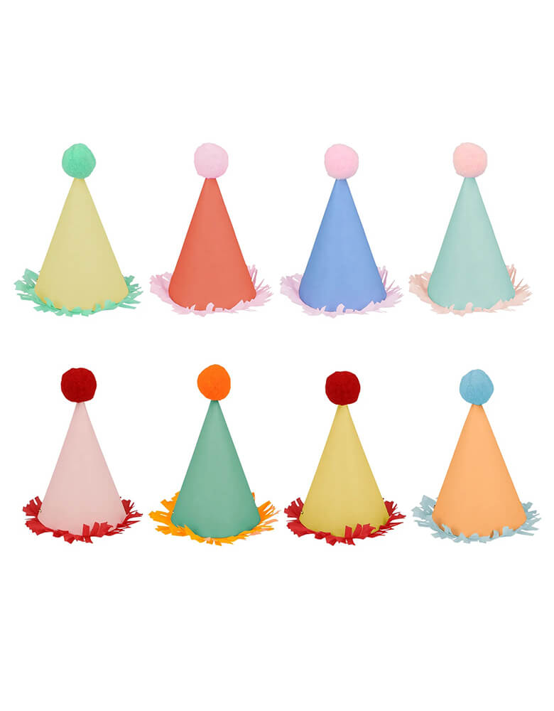 Momo Party's  2.25 x 4"mini colorful party hats by Meri Meri, comes in a set of 8 mini hats in 8 difference bright colors and pom pom, these cute party hats are ideal for a circus party, birthday party, or any celebratory occasion.