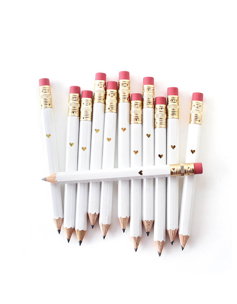 inklings Paperie, white Mini Pencils with Mini Gold Heart. Set of 12,This set of 12 sweet mini pencils comes foil-imprinted with a tiny gold heart. With a gold ferrule and classic pink eraser, pencils come pre-sharpened and are perfect for party games or favors.
