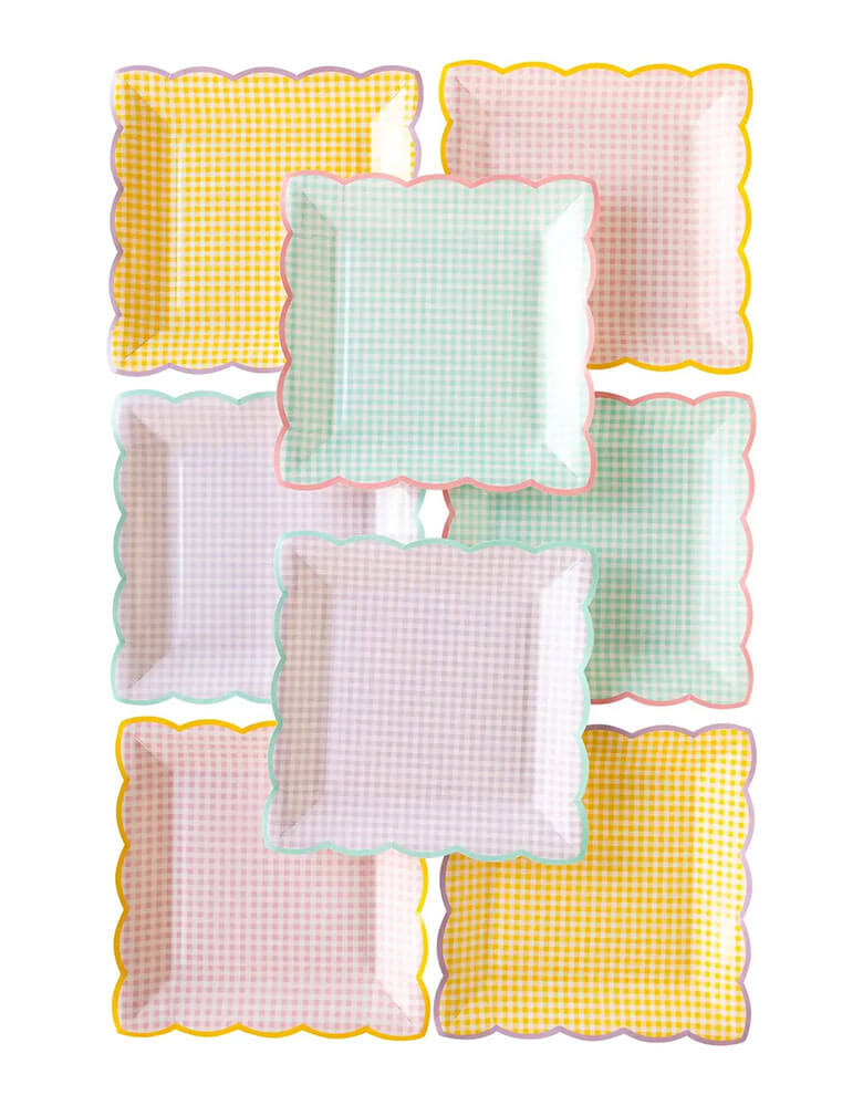 Momo Party's 9" x 9" mixed gingham plates. Come in a set of 8 plates in 4 colors including lilac, yellow, pink and mint, these plates are perfect for a spring themed party or an Easter celebration.