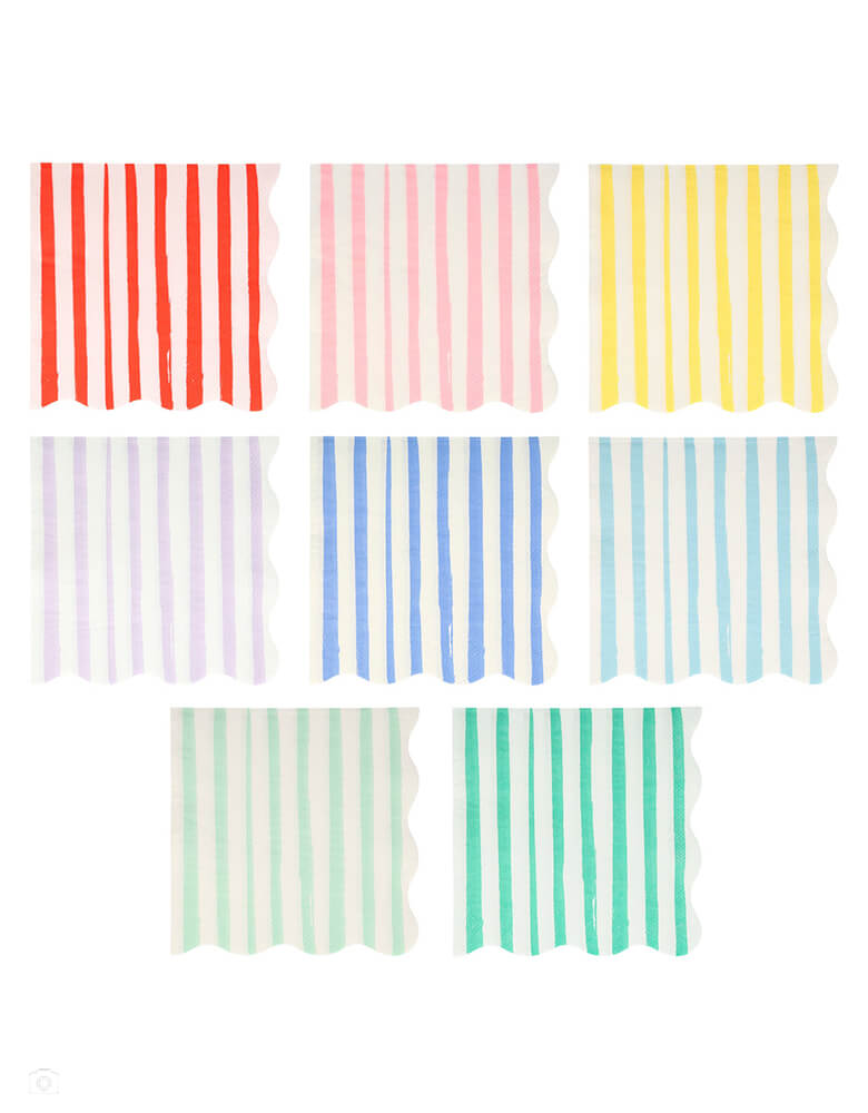 Mixed Stripe Large Napkins by Meri Meri. Pack of 16 in 8 colors Made from eco-friendly paper. These wonderful large napkins feature 8 different stripes of color, and scalloped edges. These modern party napkins will add lots of color and style to any party table