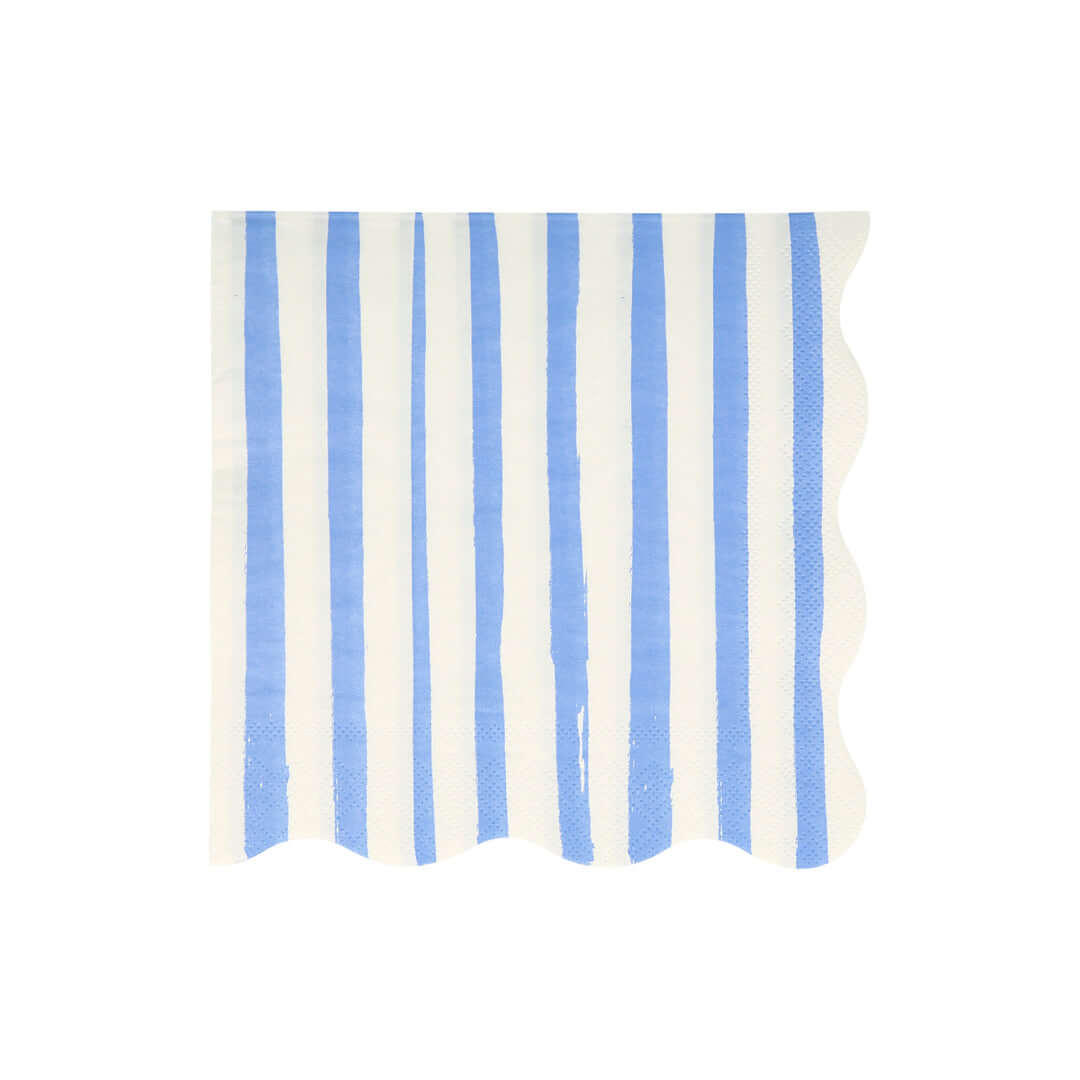 Blue Stripe Large Napkins by Meri Meri. Made from eco-friendly paper. These wonderful large Blue stripe napkins with scalloped edges. These modern party napkins will add lots of color and style to any party table