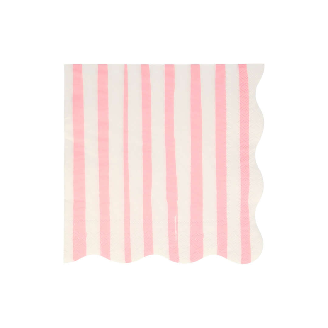Pink Stripe Large Napkins by Meri Meri. Made from eco-friendly paper. These wonderful large Pink stripe napkins with scalloped edges. These modern party napkins will add lots of color and style to any party table