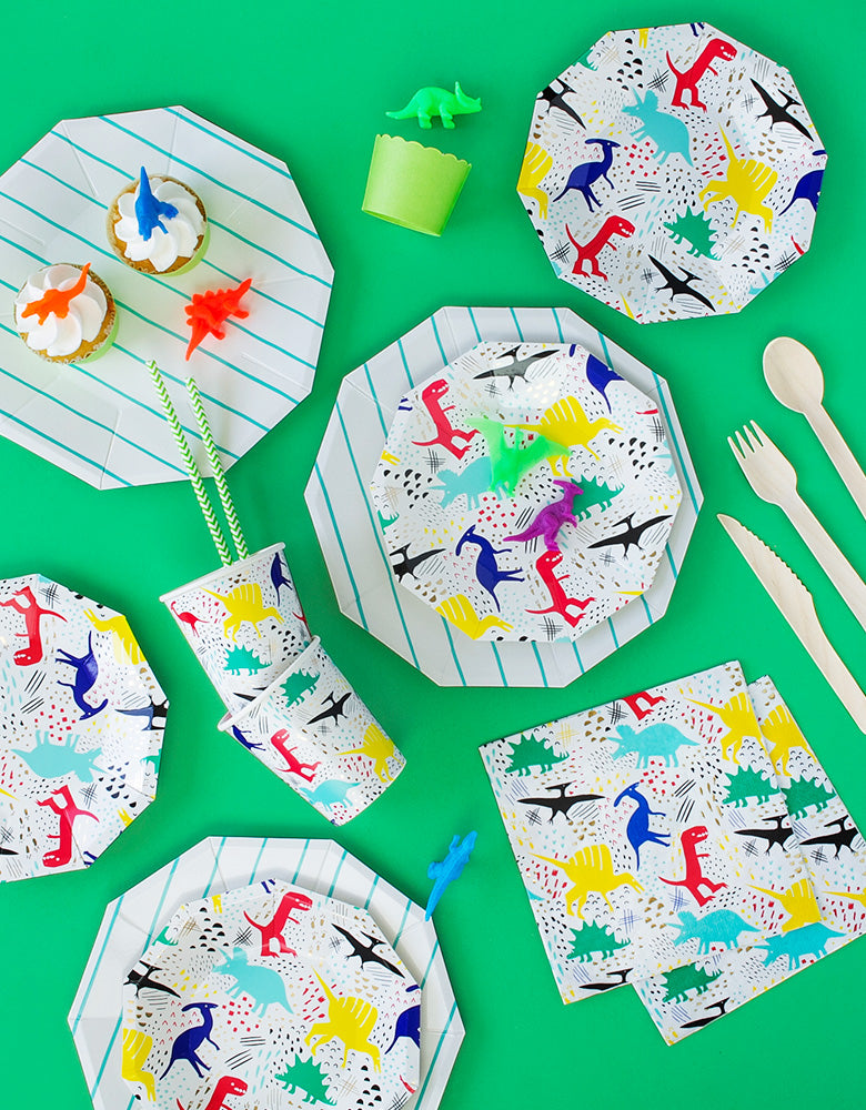 Morden and Neon Dinosaur theme birthday party tablewares