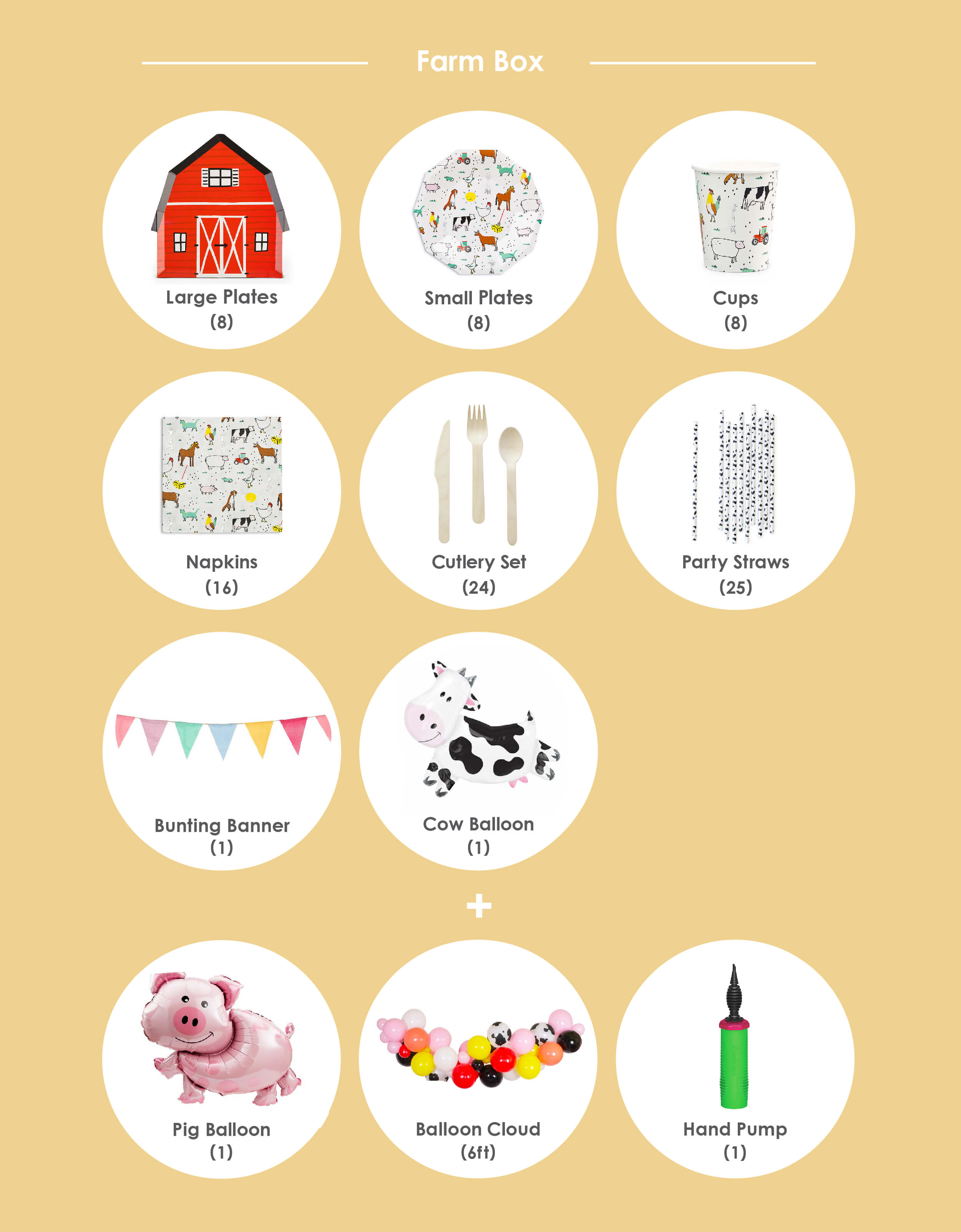 Product supplies list for Barnyard, Farm themed Kid birthday party