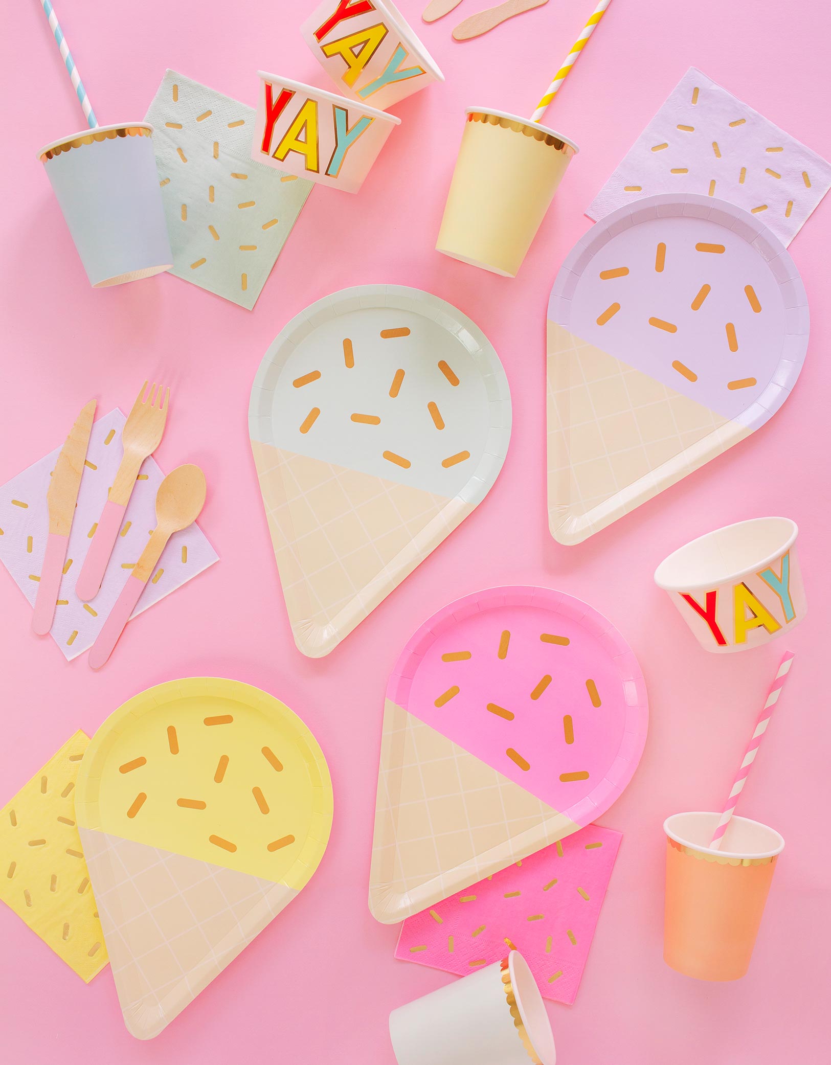 Pastel ice cream party plates, sprinkle napkin, pastel paper cups for Summer Ice Cream themed Party