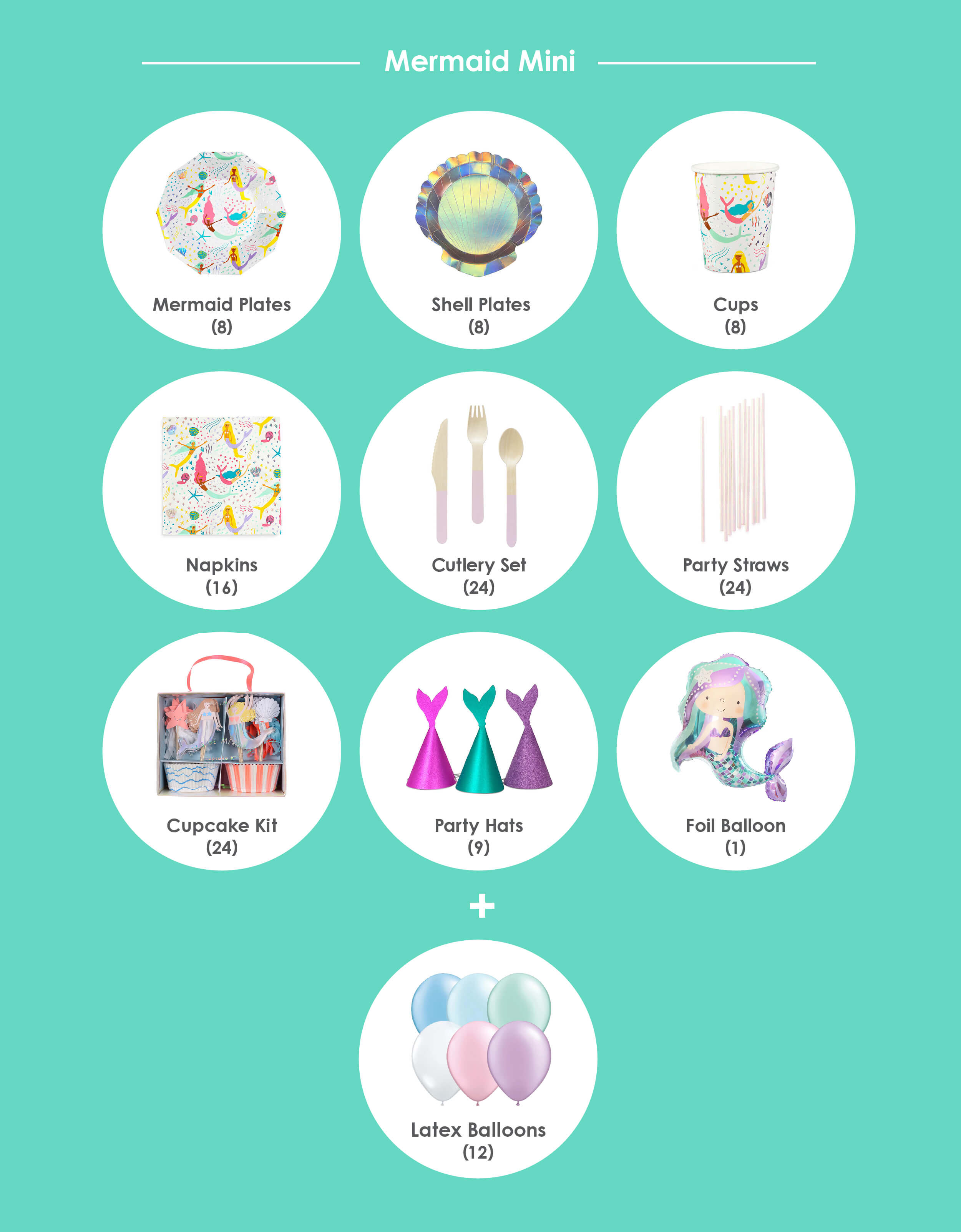 Momo Party Mermaid Birthday Party Box Item list with Daydream Society Mermaid Plates, Meri meri Small Shell Plates, Mermaid Cups, Mermaid Napkins, Soft Pink Wooden Cutlery Set, Iridescent Party Straws, Meri Meri Let's Be Mermaids Cupcake Kit , Mermaid Tail Party Hats, 36" Mermaid Foil Balloon*, and Mermaid Latex Balloon Mix