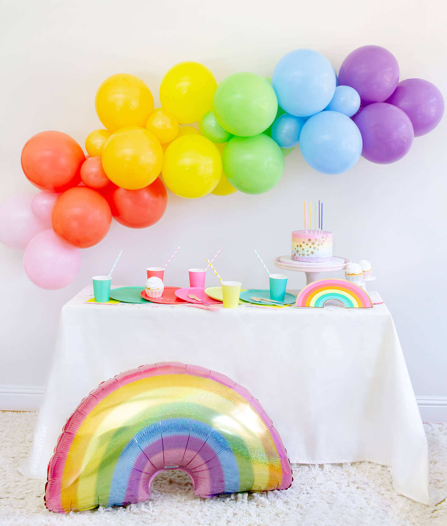 Momo party in a box, Rainbow Modern Party tablewares, Party Supplies, Party inspiration, box included Oh happy Day Large Rainbow Plate Set, Oh happy day Rainbow Plates, Rainbow Cup Set, My minds Eye's Hip Hip Hooray Fringe Small Napkins, Hyper Tropical Wooden Cutlery Set, Mixed Pastel Striped Straws, Holographic Pastel Glitter Rainbow Foil Balloon, Mixed Rainbow colored Balloon Garland, for kids Rainbow themed birthday party, Pride Party