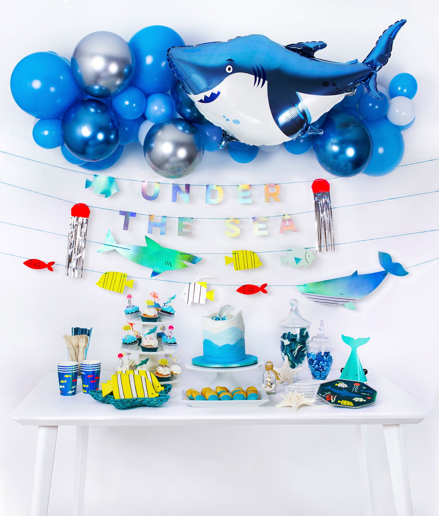 boy's under the sea shark themed birthday party idea and set up