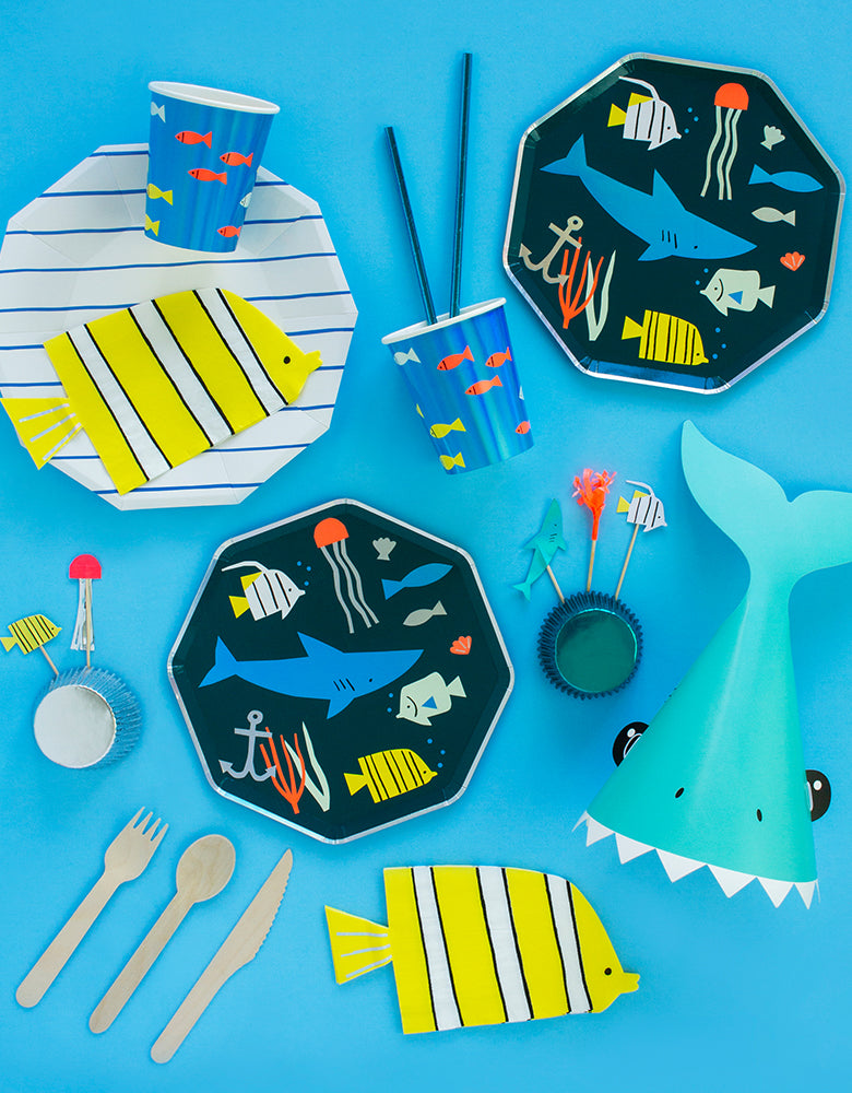 Under The Sea Party-ware Set with Under the sea paper plates, paper Cups and Fish shaped napkins, shark party hat. cupcake kit