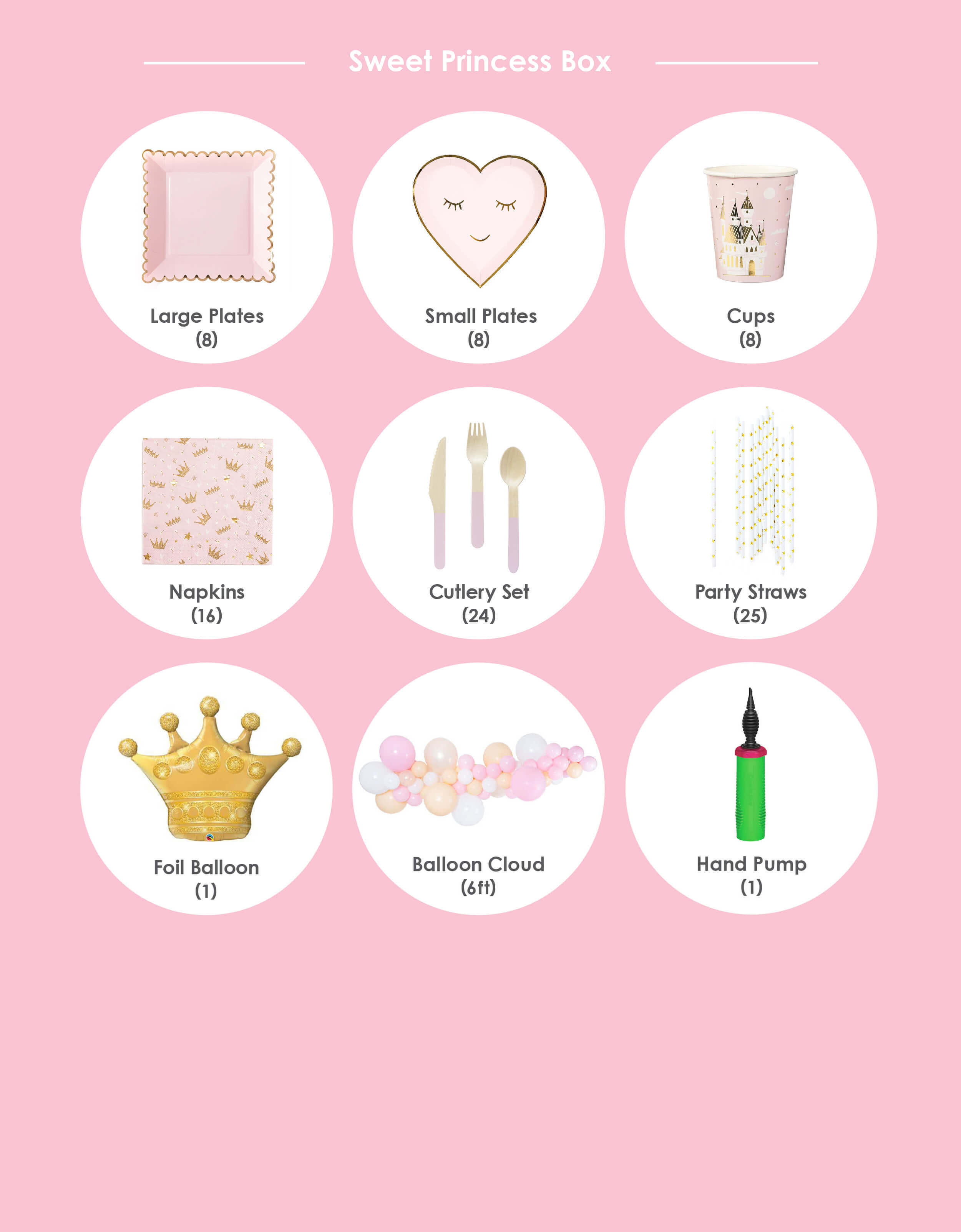 Momo party - Sweet Princess Party Box Kit, item list included: My mind's eye Blush Large Plates, Blushing Heart Small Plates, Sweet Princess Cups, Sweet Princess Napkins, Soft Pink Wooden Cutlery Set, Gold Star Party Straws, 41” Gold Crown Foil Mylar Balloon, Sweet Princess 6-foot Balloon Cloud with hand pump. Modern party supplies for you diy birthday party set up at home.