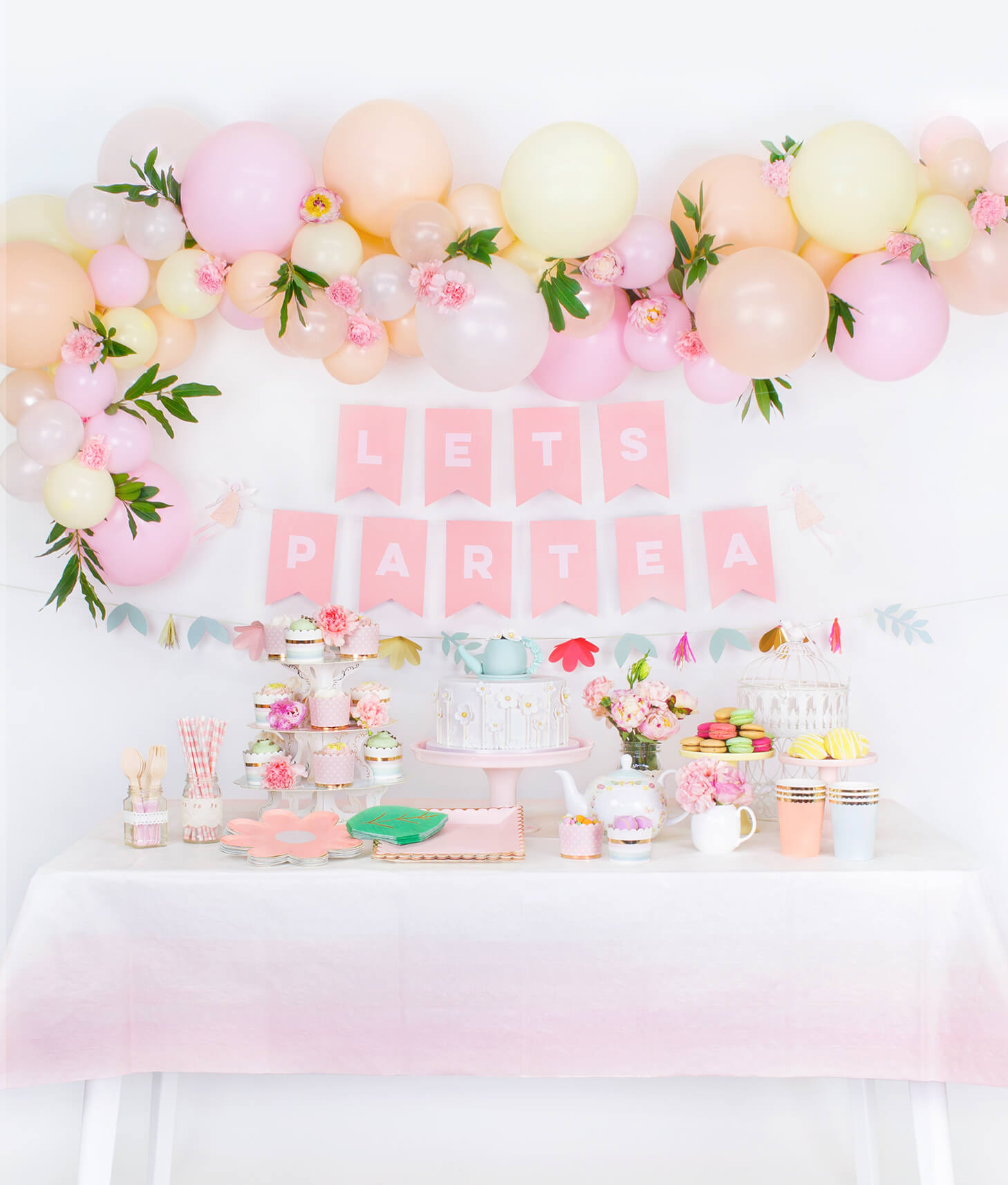 Pastel tea party box themed party table set up look