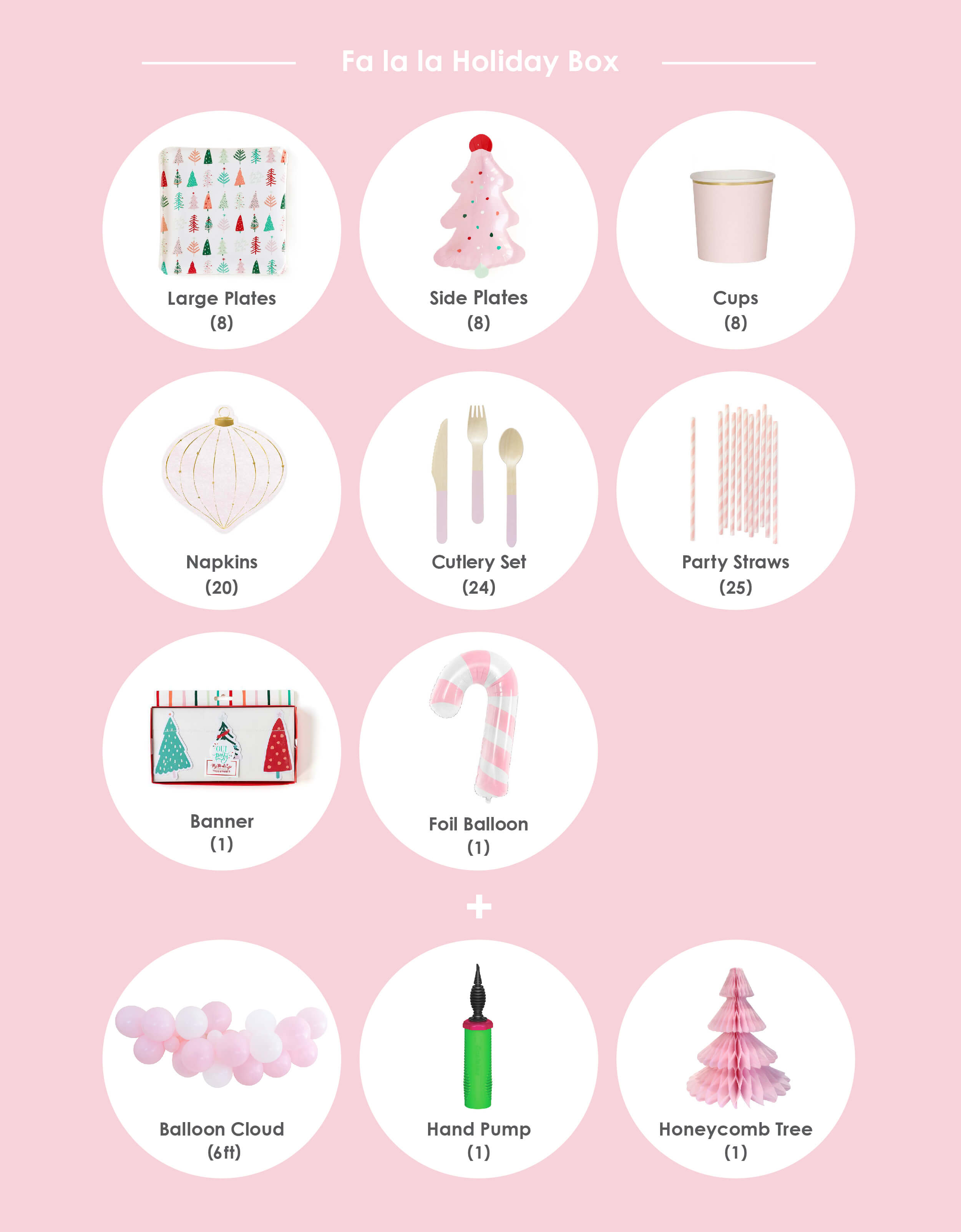 Momo Party 2020 Holiday party box - Christmas Falala Holiday Box list included: Fa La La Christmas Tree Plates, Fa La La Pink Frosting Christmas Tree Plates, Pale Pink Tumbler Cups, Christmas Ornament Napkins, Soft Pink Wooden Cutlery Set, Pastel Pink Striped Party Straws, Fa La La Christmas Tree Banner, Pink Candy Cane Foil Balloon, a La La 6-foot Balloon Cloud Kit and Medium Light Pink Honeycomb Paper Christmas Tree. High end party supply for a pastel pink christmas holiday party
