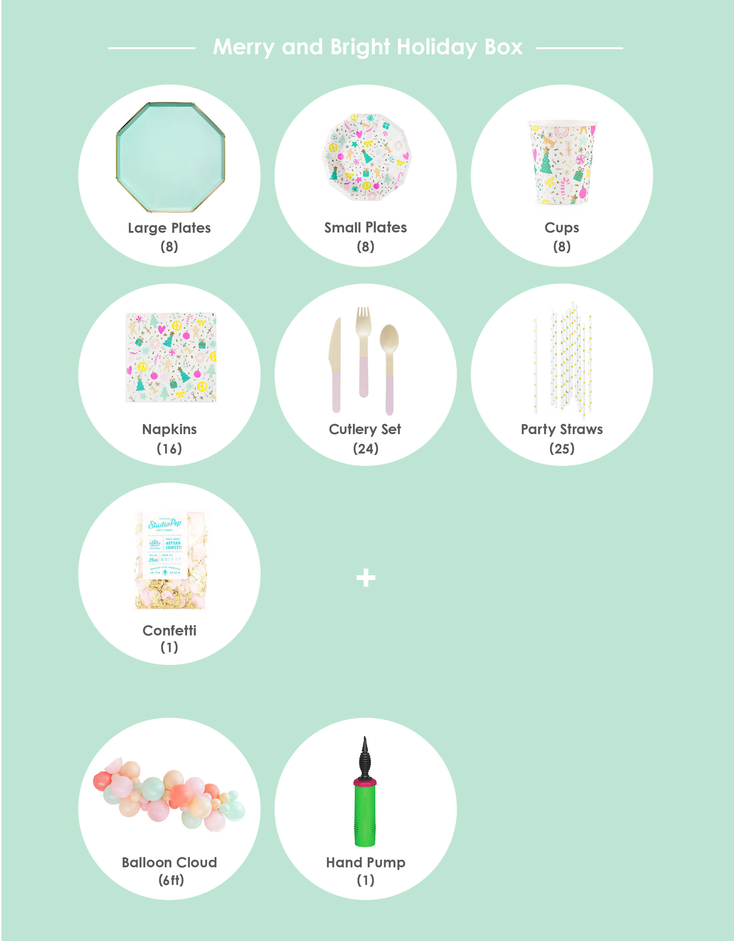 Itemized Product List of Modern Party in the Box, for a Merry and Bright, Pastel Color themed Christmas Celebration
