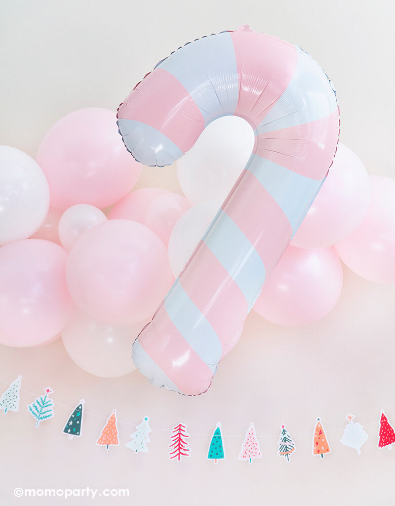 Party Deco Pink Candy Cane Foil Mylar Balloon, with pastel pink and white colored latex balloon garland and My minds eye's Fa La La Christmas Tree Banner, for a pastel pink holiday party and all christmas related celebrations