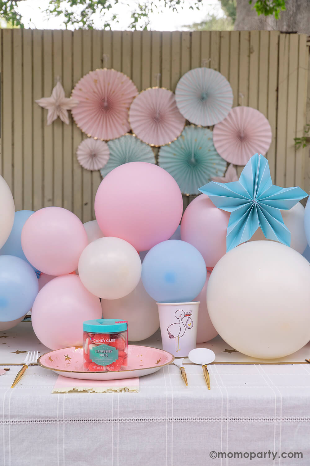 A gender reveal party table with beautiful balloon garland as the centerpiece in the middle, in the far back is a wall decorated with My Mind's Eye's Oh baby pink party fans and blue party fans featuring cute star-shaped paper fans, perfect for a sweet backdrop.