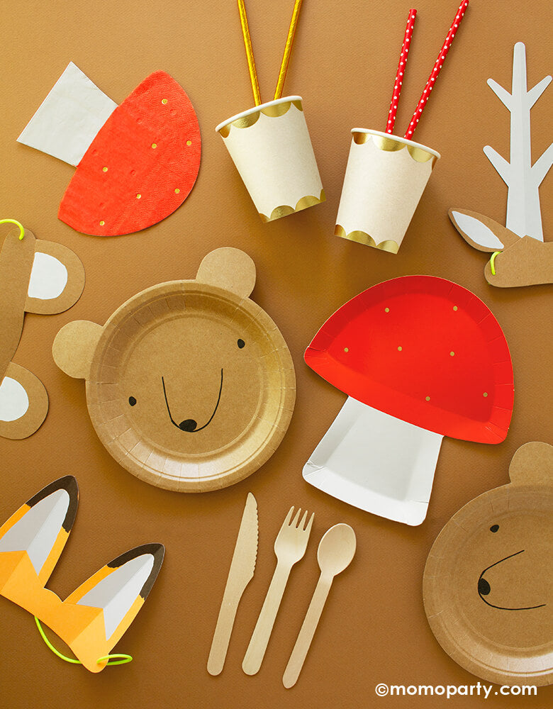 Momo Party Woodland Animal themed Party Box Tableware with Toadstool Large Plates, Bear Small Plates , Gold Scallop Cups, Toadstool Napkins, Wooden Cutlery Set, Woodland Party Straws in red polka dot and gold foil design, and Woodland Paper Animal Ears