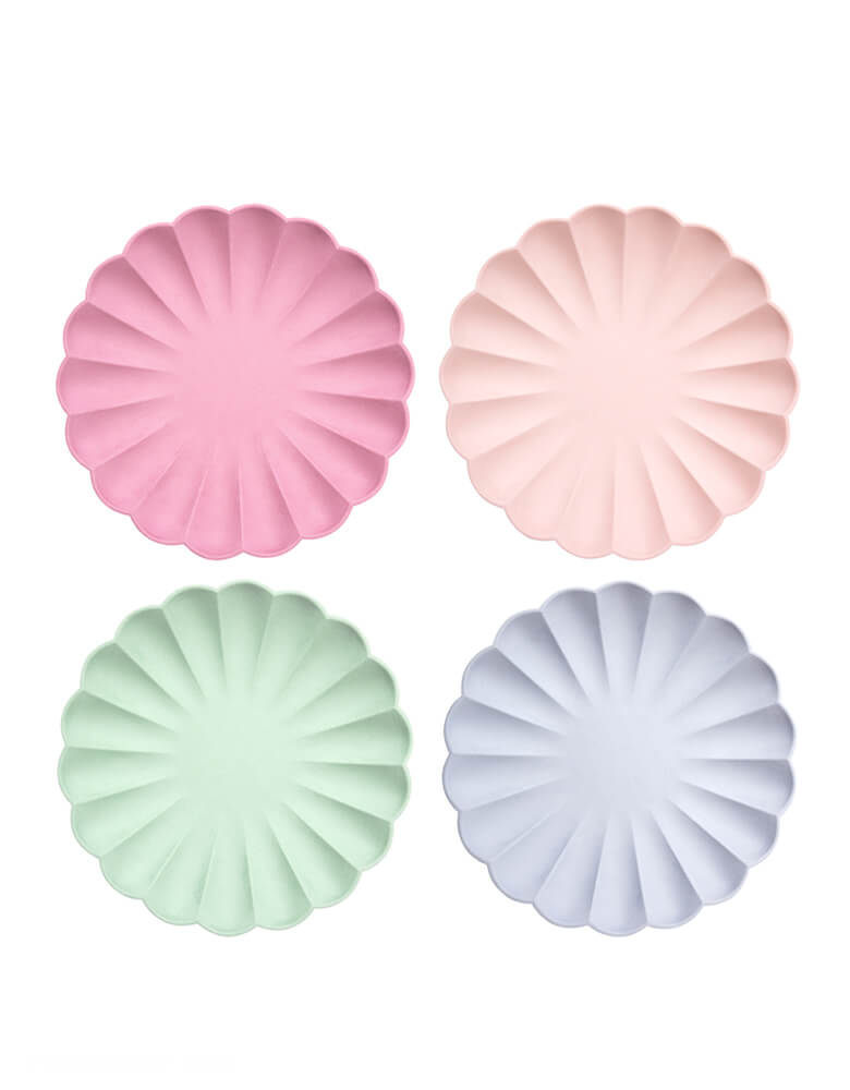 Meri Meri - Multicolor Simply Eco Small Plates in Pale Pink, Pale Mint, Pale Blue, and Deep pink 4 colors. These fabulous reusable plates are perfect for any special celebration, including baby showers, birthday parties and picnics. They are made using bamboo, a naturally renewable resource.
