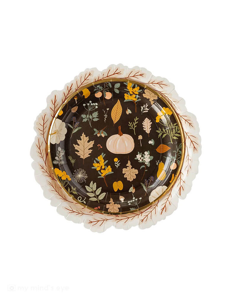 My Mind's Eye 10" Harvest Leaves Wreath Shaped Plates with 7" Fall Moody Plates on top, creating a perfect plate set for Thanksgiving Table or a fall themed gathering