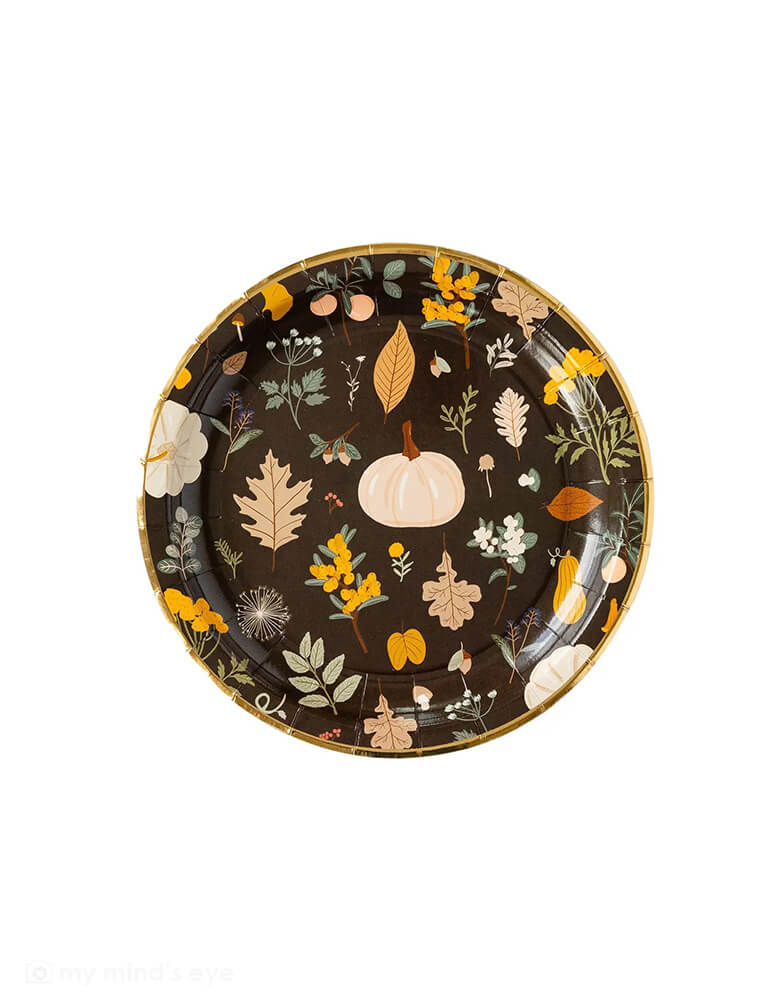 My Mind's Eye Harvest 9" Moody Fall Plates with beautiful illustrations of pumpkins, fall leaves, oaks, and maple leaves in a moody dark brown background