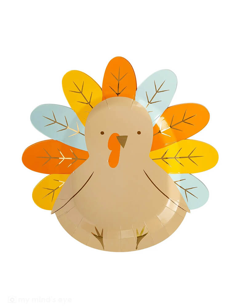 My Mind's Eye 11.5" Harvest Turkey Plates, Shaped like a turkey, these party plates are perfect for a Thanksgiving feast for kids and kids at heart, and with gold accents these party plates will shine to your harvest gatherings.