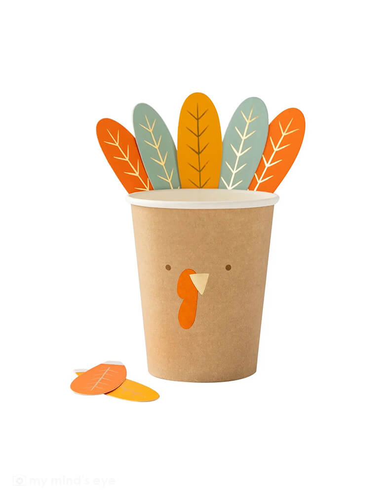 My Mind's Eye 8 oz Turkey Party Cups, Designed to look like a cute turkey with a festive tail feather die cut and gold foil accents, your guests will be thankful that you choose these party cups for your Thanksgiving gathering.