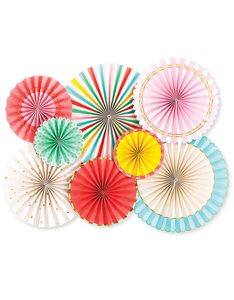 My Minds Eye - Hip Hip Hooray Paper Fans.  Featuring Set of 8 fans in Double sided and gold foil accents. Create an insta-ready backdrop in a snap with these bright and cheery party fans. Modern and Easy backdrop decoration From summertime ice cream socials to bright birthday bashes these party fans are sure to delight.