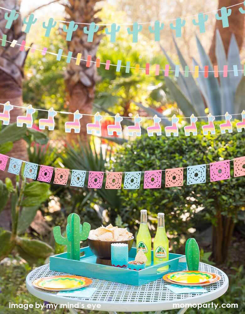 Outdoor Fiesta Cactus Theme birthday party set up with My Minds Eye Cactus Banner, llama banner, Pinata banner hanging on top of the outdoor table. Dessert table filled with chips in a wooden bowl, Fiesta Food Cups next to it ready for serving guesses, Jarritos Soda and Fiesta Cactus Tabletop Decor in a blue color food tray. These super fun and modern partywares look perfect for Taco Tuesday gathering, Fiesta birthday party, boho fiesta baby shower, cinco de mayo celebration
