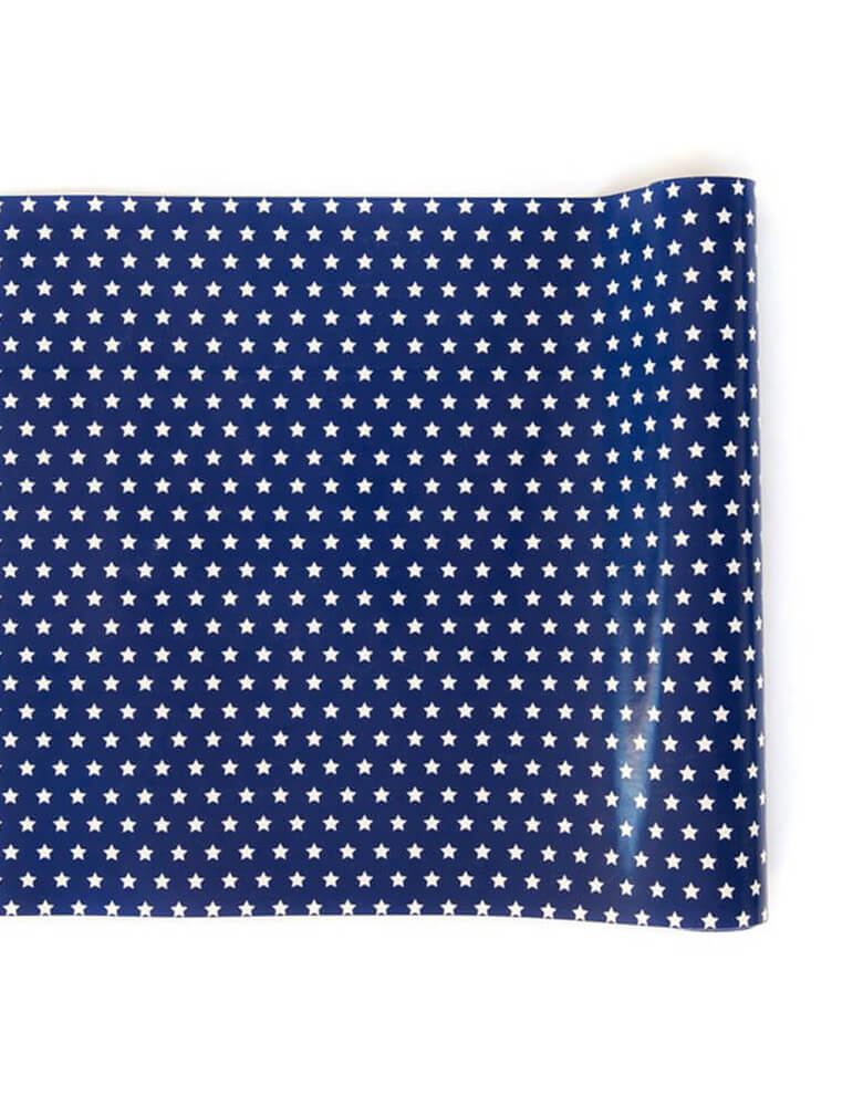 Momo party's Blue Stars Table Runner by My Minds Eye. Feathering 20 inches long with white stars pattern print on a navy blue paper Runner. Try it with our red and white star plates...red, white and blue for Americana party, 4th of july party