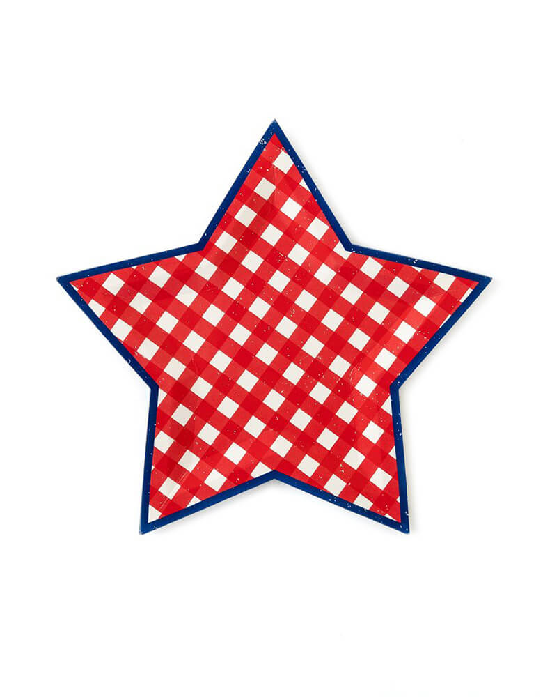 My Minds Eye - Blue And Red Plaid Star Shaped Plates. A simple vintage look of Star shaped paper plate with Red Plaid design and navy blue on the edge. Make your 4th of July celebration extra festive with this adorable star plate