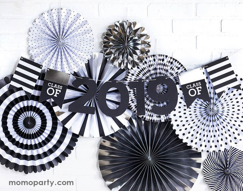 Graduation Party wall decoration with My Minds Eye Graduation Party Fan with Class of 2021 Banner layered on top. Celebrate your grad with this Class of 2021 word banner.