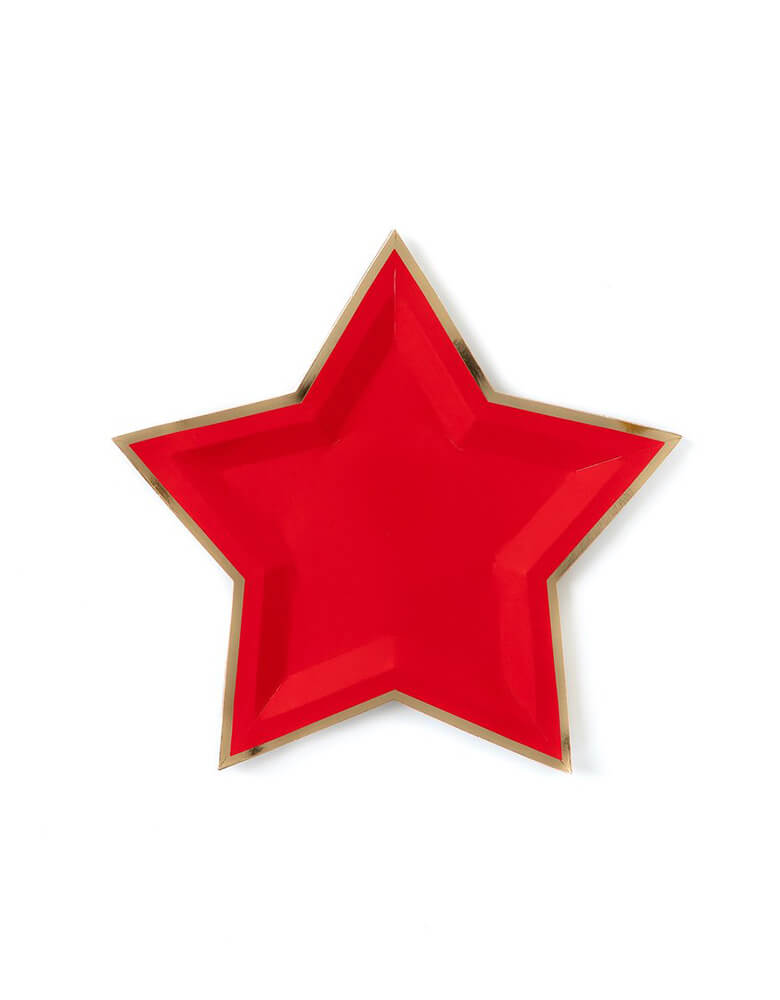 My Minds Eye - 9 inch Red Star Shaped Gold Foiled Paper Plates. Featuring a star die-cup shape,  in a bright red cheery color with gold foil details.  Pair them with our matching blue and white star plates for festive 4th of July celebration.