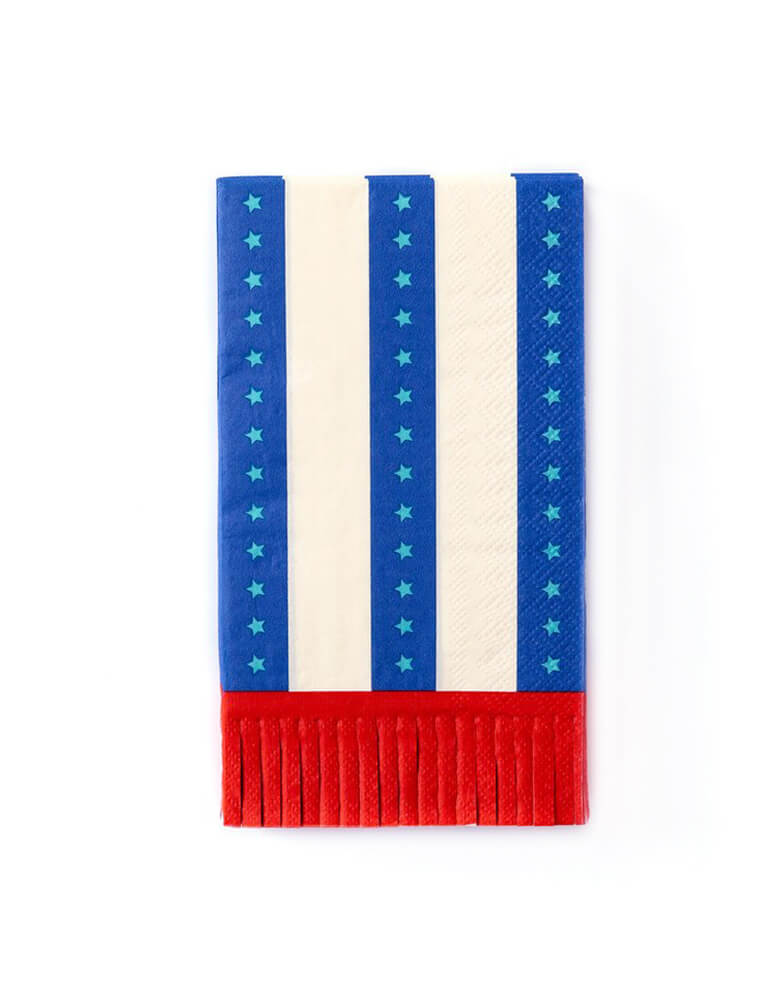 My Minds Eye - Stripes With Fringe Guest Towel Napkins. Pack of 24 Size: 4.25 x 7.75 inches folded. Featuring blue and white Stripes with blue Stars on it, and red fringe design. these patriotic napkins will pair easily with all of your Americana decor and the addition of the red fringe makes them feel extra fun and festive!