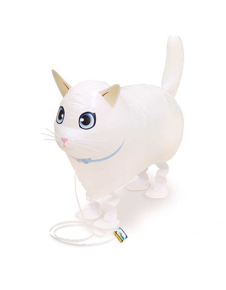 My Own Pet Air Walker Foil Balloon -  white cat. This 18"PKG WHITE CAT MY OWN PET with a sky blue collar, this cute kitty balloon has weighted feet and an included leash so that it bounces gently along after you. It's a perfect decoration and activity for the little ones at a cat party, girls party, kitty themed celebration, or just a fun balloon for a kitty lover 