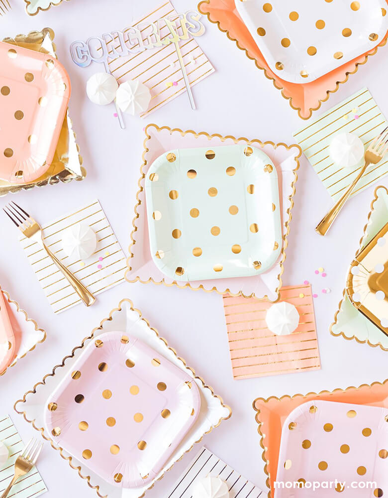 a cute sweet afternoon tea party table filled with My Minds Eye Polka Dot Plates with Scalloped-Large-Plates and stripe napkins