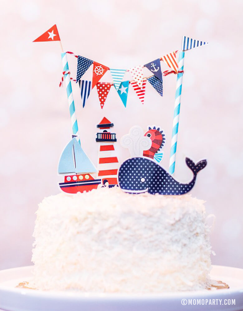 Cake with Party Partner - Ships Ahoy Cake Toppers of  whale, sailboat, seahorse, lighthouse designs in navy blue. 1st birthday party, baby boy shower. Sea themed birthday party, Nautical birthday party