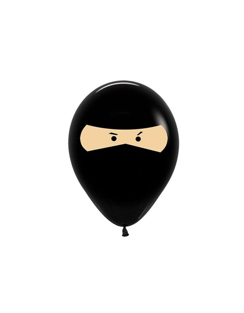 Momo Party's  11" Ninja Latex Balloon Mix by Betallic balloon. Feathering a black latex balloon with ninja face print, it is perfect for a ninja themed or ninjago themed birthday party 