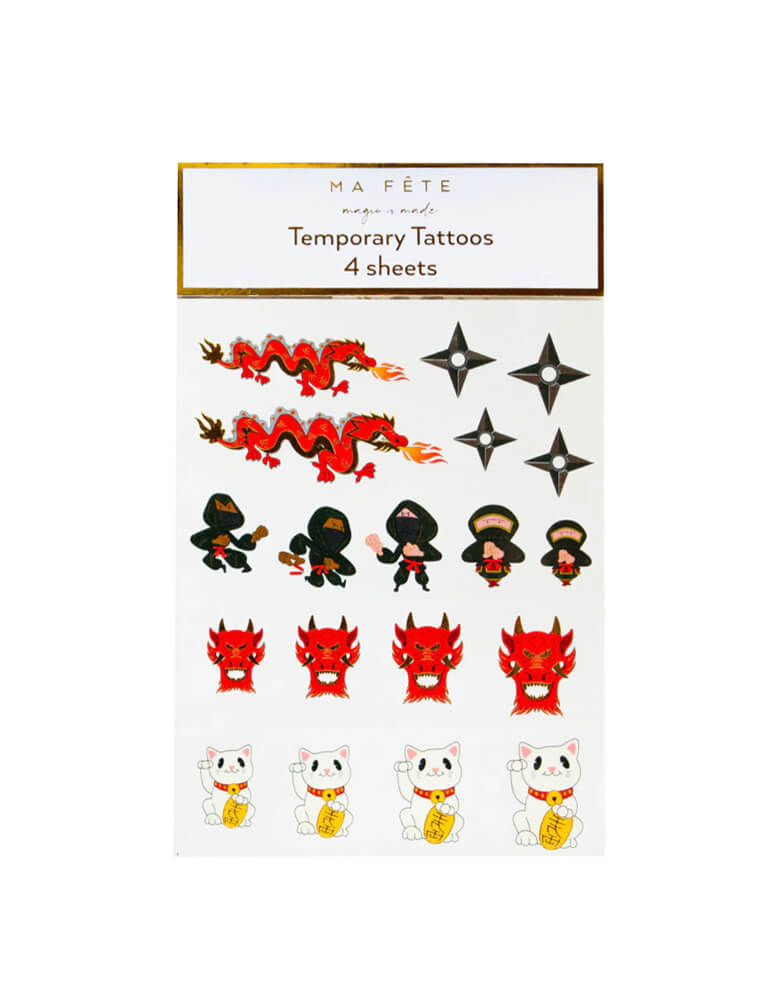 Momo Party's Ninja Temporary Tattoos By Ma Fête. Set of 4 sheets, featuring Dragon, Nijia, Dragon head, ninja darts and Japanese lucky cat designs, These tattoos have gold foil details that look fabulous when worn. Use it as a party gift for your guests at the Ninja themed birthday party, or tattoo away between party activities! 