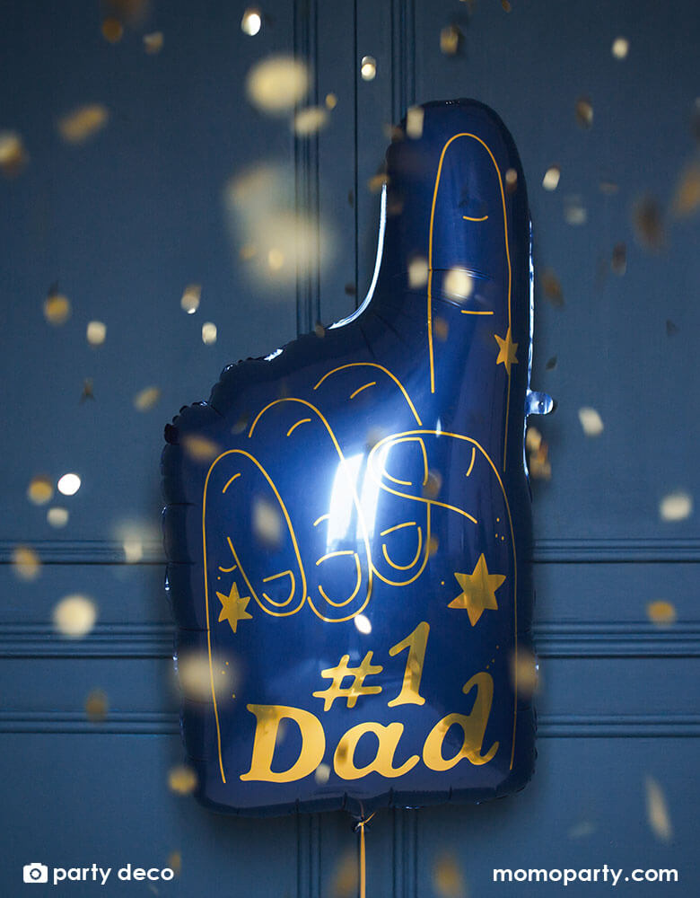 Momo Party's 34 x 18" blue #1 Dad Finger Shaped foil balloon by Party Deco, featuring gold foil accent, it's perfect for a special Father's Day celebration.